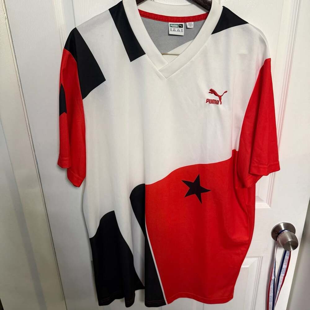 Vintage 90s PUMA Soccer Jersey Mens XXL Red White Black Geometric Football